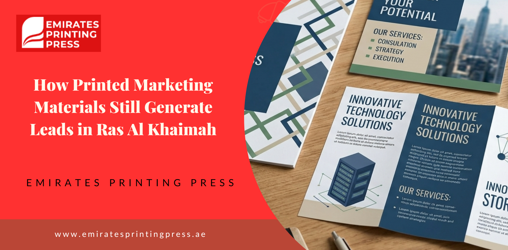 Printed marketing materials from a printing press in Ras Al Khaimah for business promotion.